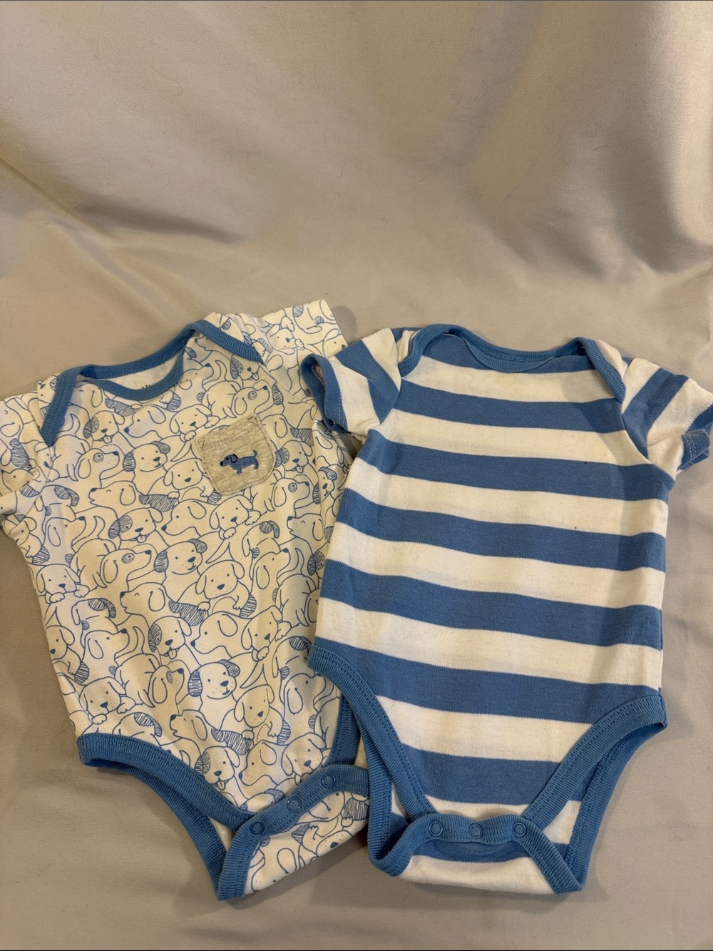 Little Me - Blue & White Striped Puppy Print Baby One-Piece Bodysuits